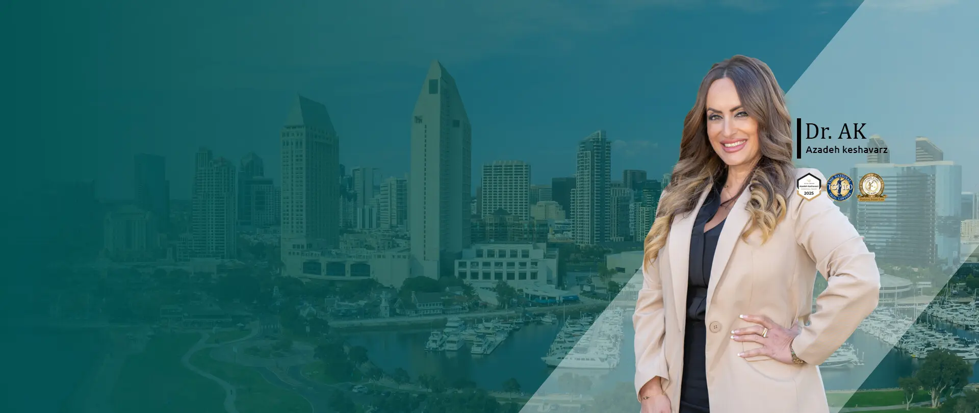 Dr. Azadeh Keshavarz in front of the San Diego skyline